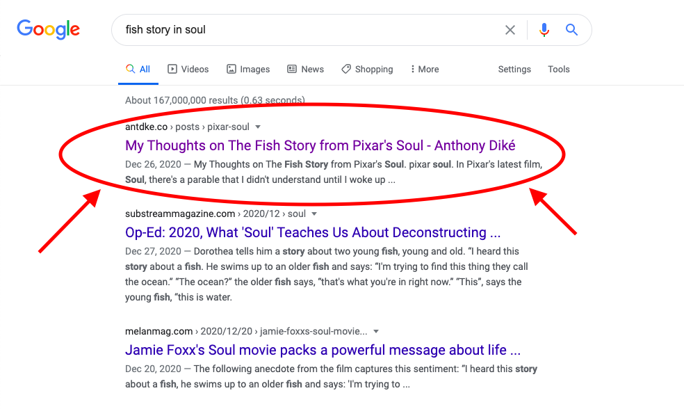 I'm Top of Google for my Pixar Soul piece